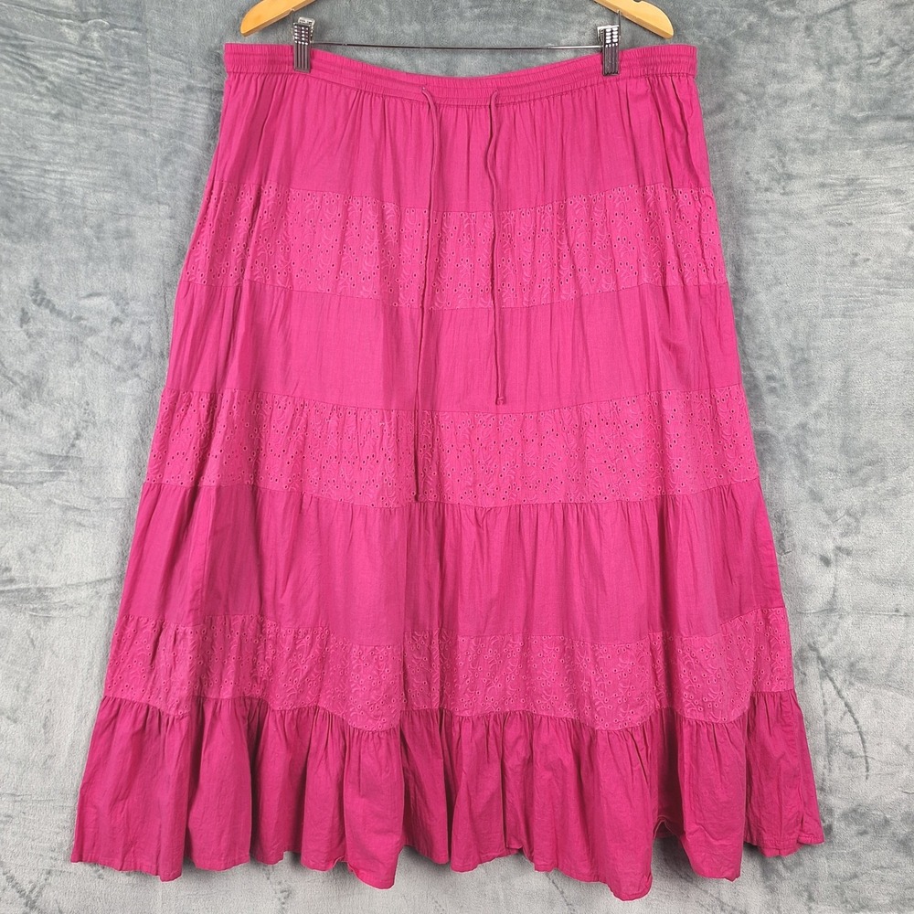 Womens Skirt 1X Pink Tiered Boho Peasant Embroidered Eyelet Cottagecore Maxi